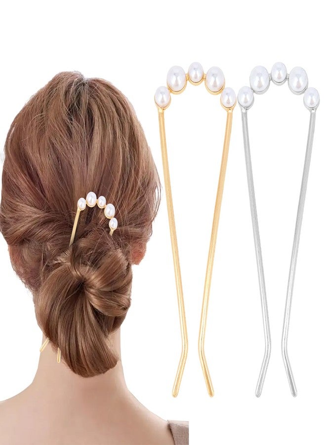 Amariver French Hair Pins 2Pcs Pearl Hairpins for Women U Shaped Hair Pins Metal French Hair Pin Hair Fork for Buns Twist Hair Pin for Long Hair - Image 1